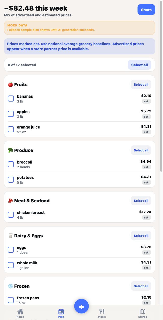 NUTHRIVO grocery list screen with categorized shopping items
