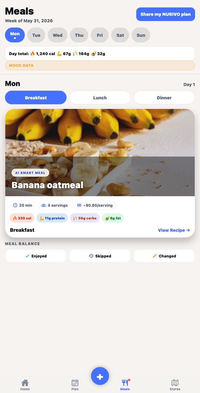 NUTHRIVO meal plan screen with generated recipe suggestions